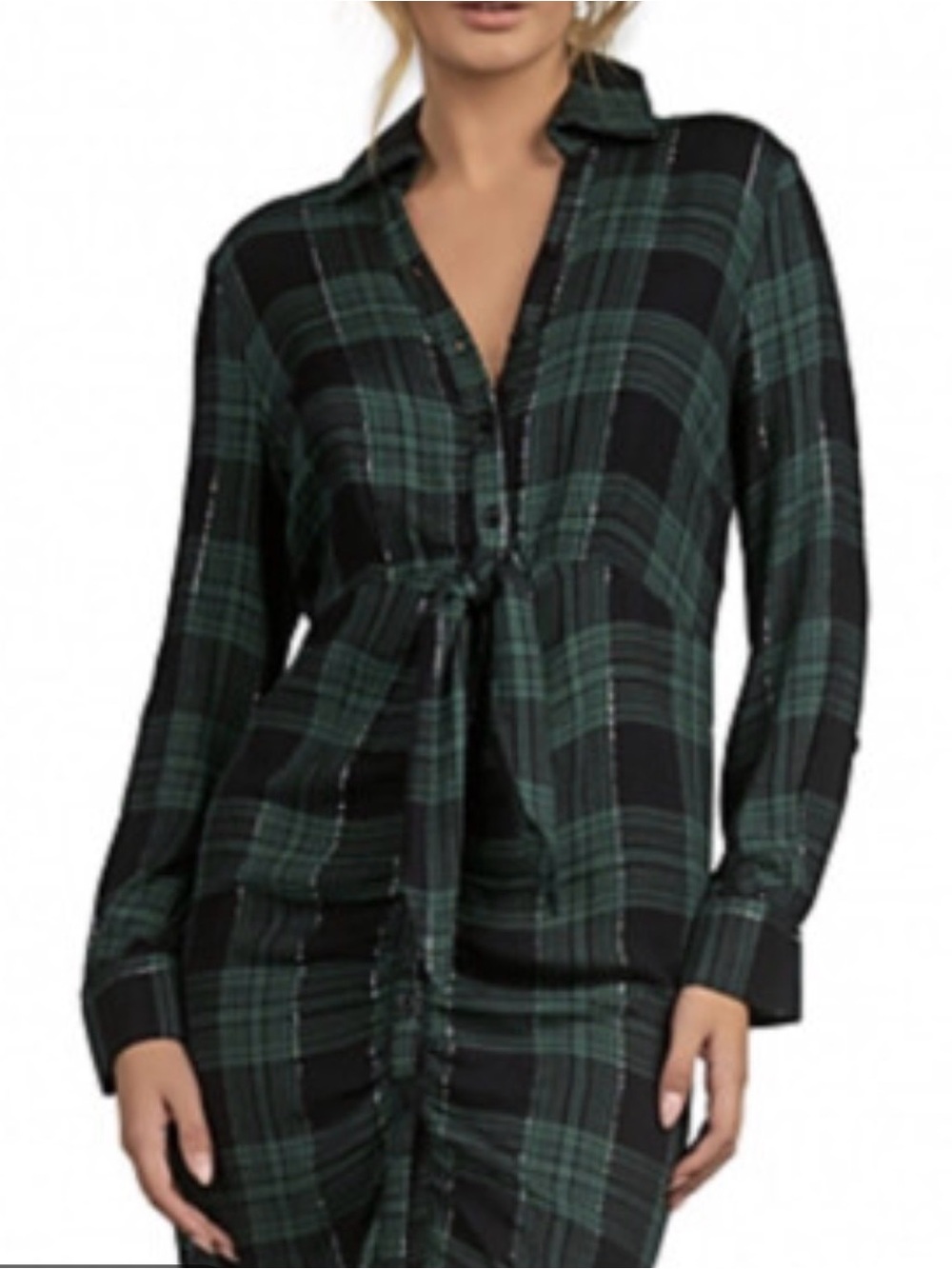 Elan Black & Green Plaid Tie-Front Button Shirt NWT